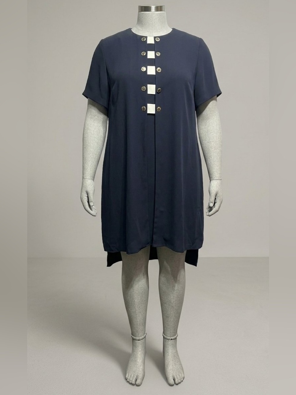 Vintage Evan Picone Navy Short-Sleeve Dress with Gold Buttons and White Tabs